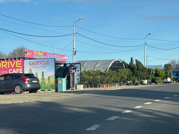 Gray car spotted near Georgian hot-dog cafe in unidentified city