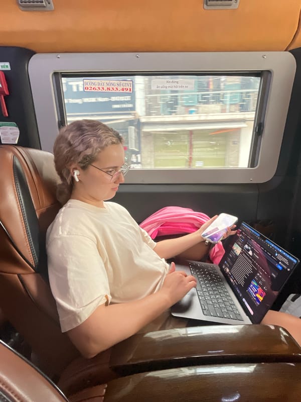 Woman with purple hair uses phone in Nha Trang vehicle