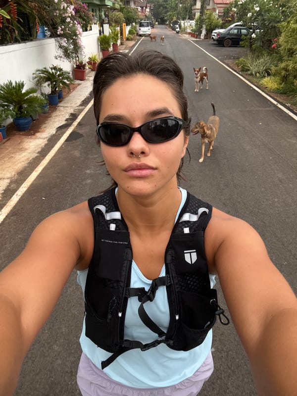 Runner takes selfie with approaching dogs on Indian road