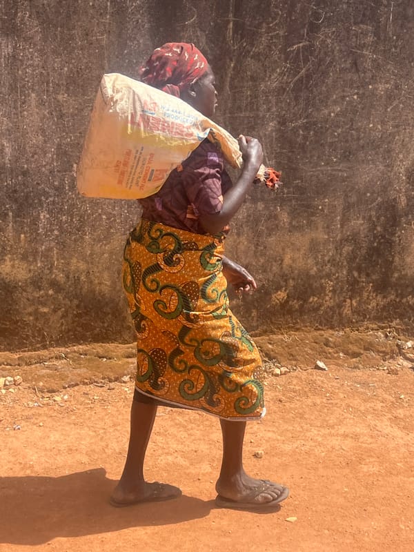 Woman carries heavy sack on dirt path in Nigeria