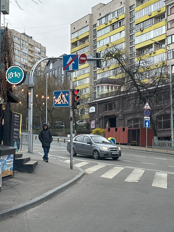 Morning street crossing captured in overcast Kyiv