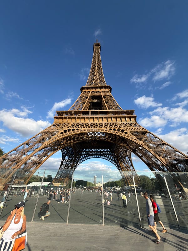 Looking straight up at the Eiffel Tower on a clear afternoon