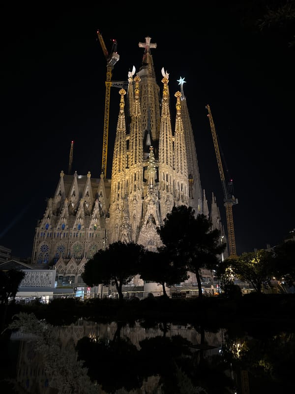 Nighttime documentation of illuminated Sagrada Familia basilica in Barcelona