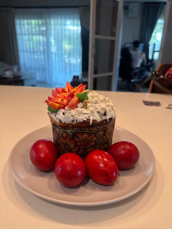 Traditional Easter cake and eggs photographed in Chalong, Thailand