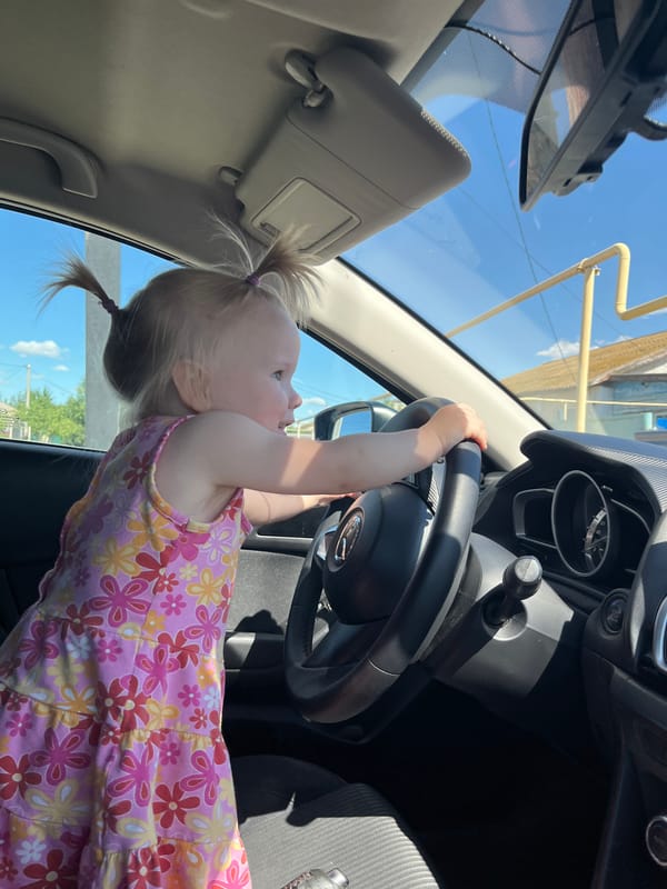 Pretend driving in a parked car in Dubovka