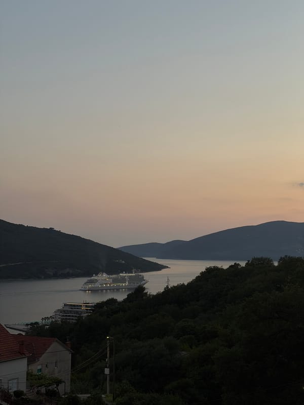 Two cruise ships spotted in Kumbor bay at dusk