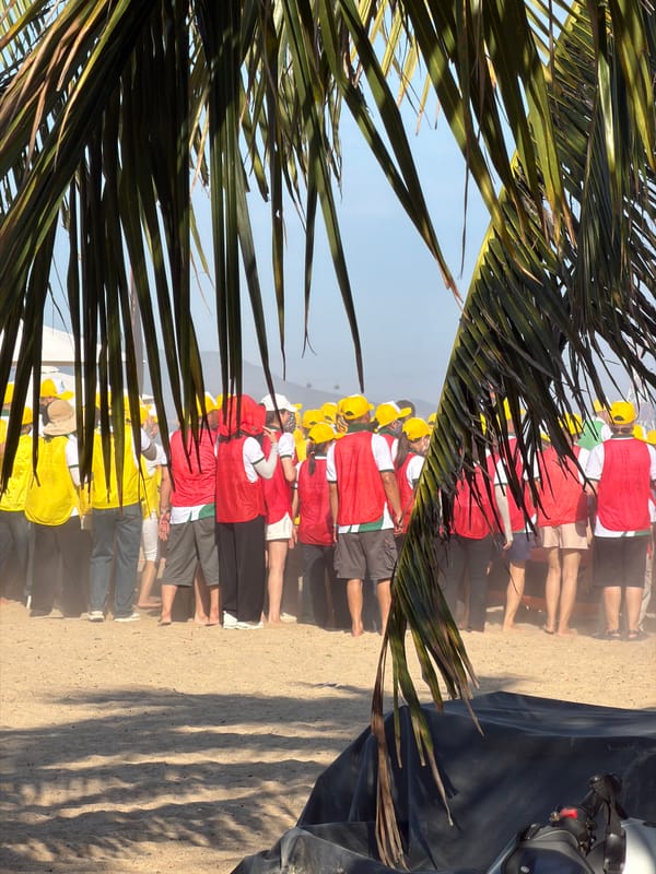 Team-building beach activity with yellow-hatted participants in Nha Trang