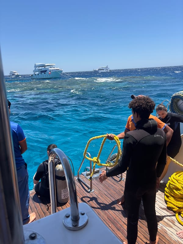 Scuba divers prepare for dive on boat in Egypt