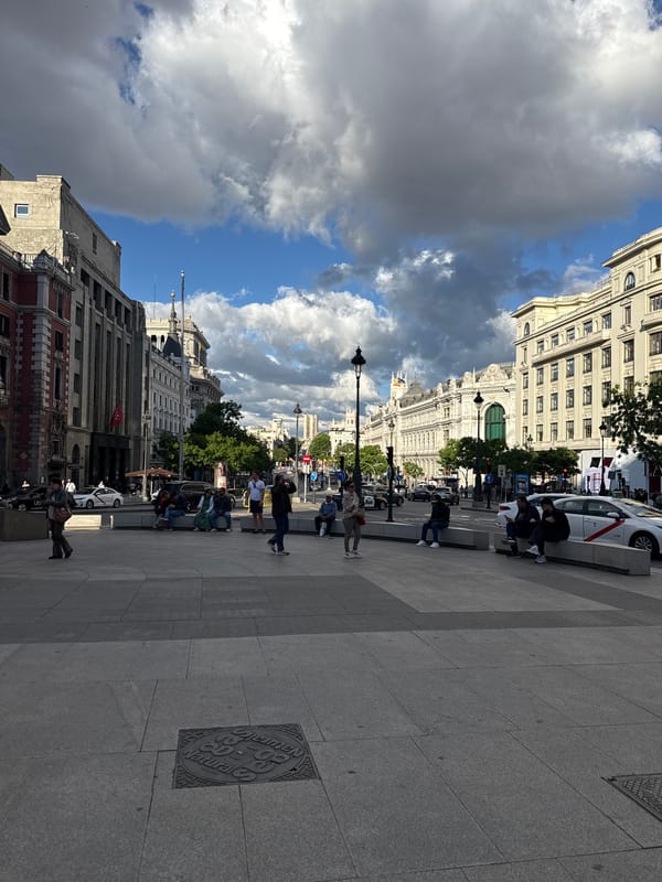 Evening street life documented in central Madrid