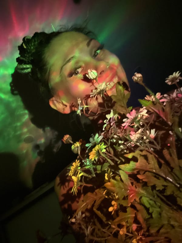 Person photographed amid flowers with colored lighting in Bor