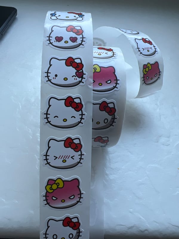 Hello Kitty sticker collection spread out and photographed in Warsaw