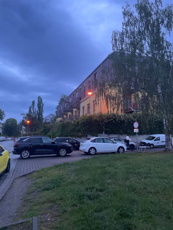 Evening street photography session documents overcast Wrocław neighborhoods