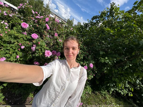 Woman documents selfies and blooming roses in Perm Russia