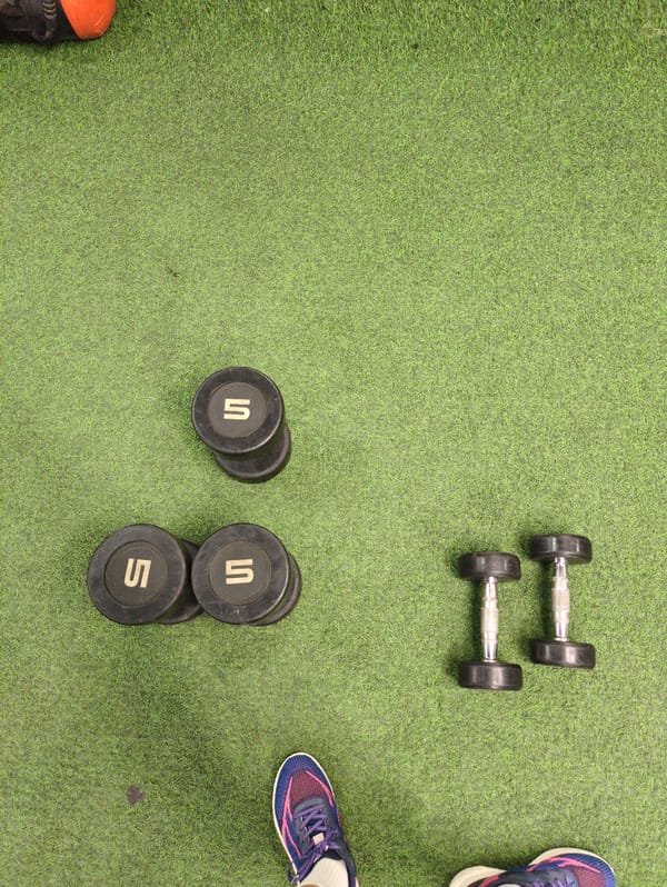 Dumbbells spotted on artificial turf in Bengaluru gym