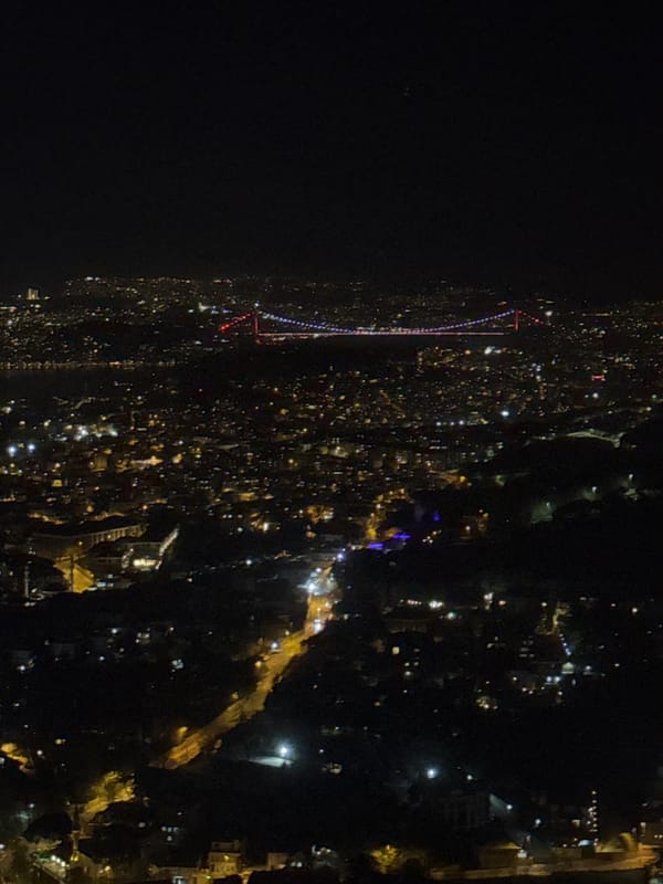Nighttime aerial views capture illuminated Üsküdar and Bosphorus Bridge