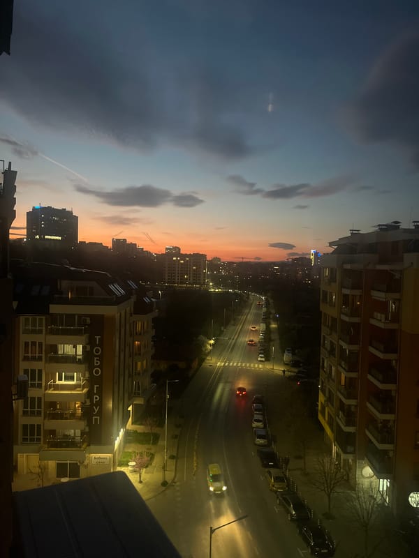 Evening scenes captured in Sofia: street lights, resting dog