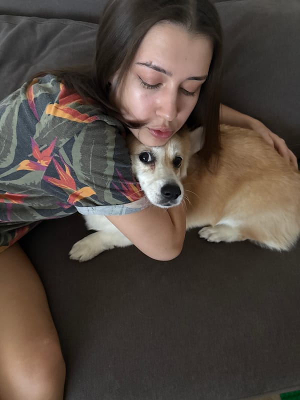 Woman and Corgi share quiet evening moments in Krasnoyarsk home