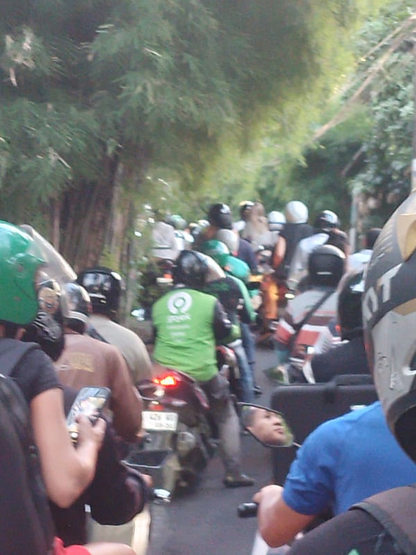 Heavy motorbike traffic congestion observed in North Kuta