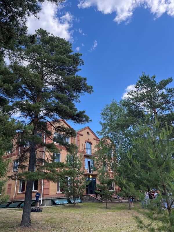 Brick apartment building tucked into a pine grove, Krasnoturansk