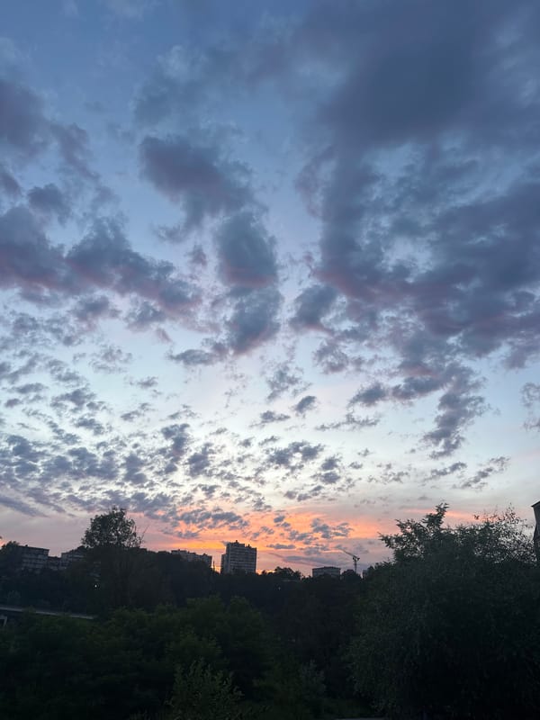Sunset skies and street life in Razdolnoye, Russia