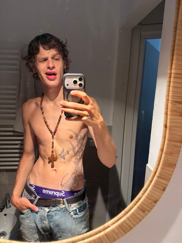 Young man takes bathroom mirror selfie in Milan