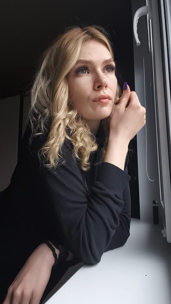 Morning moments: Woman at window, cats resting in Russian home