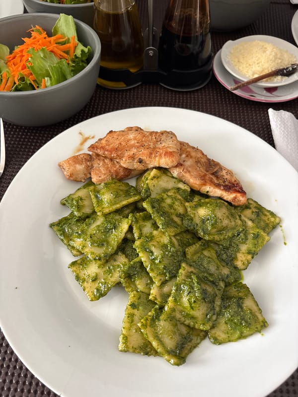 Pesto ravioli dinner documented in San Isidro, Peru