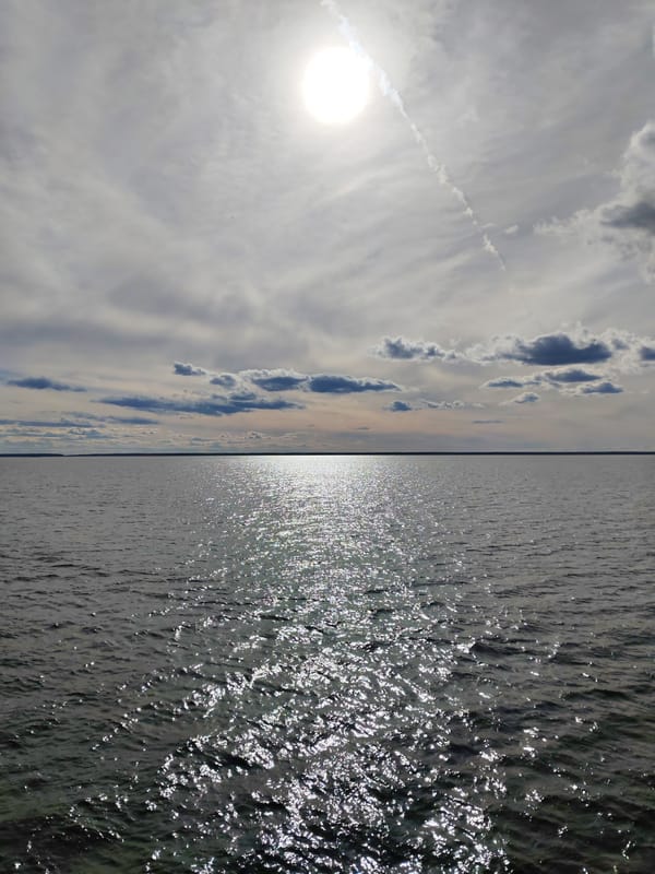 Sunlight reflects across water surface near Gorushka, Russia