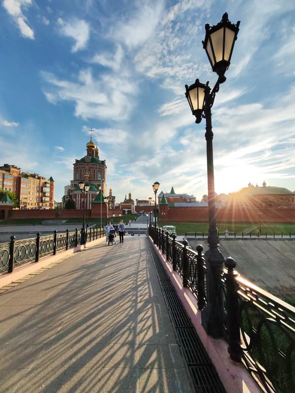 Golden hour along Yoshkar-Ola's riverside promenade