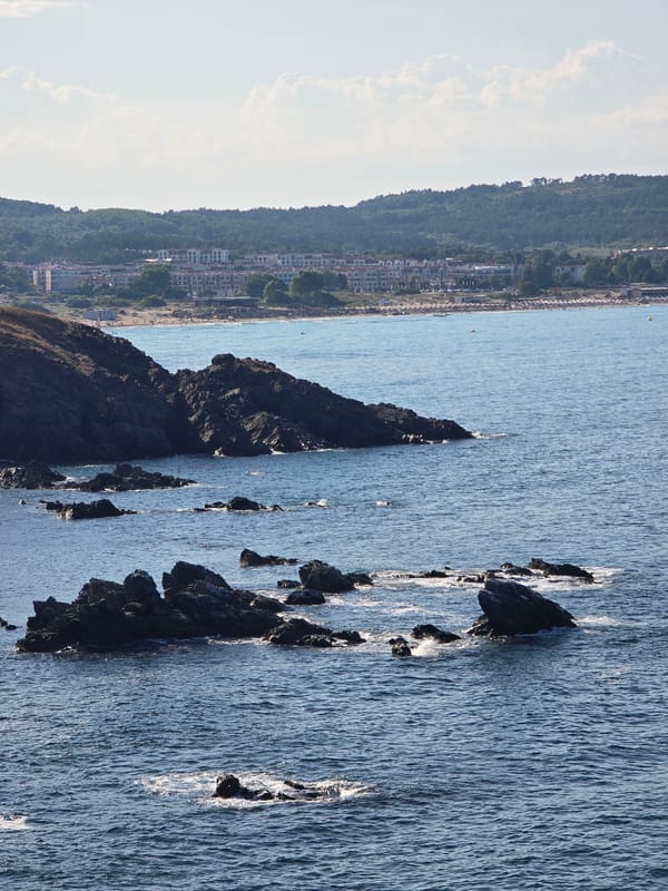 Sozopol's Black Sea coastline on a clear summer afternoon
