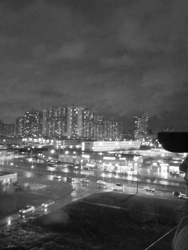 Nighttime cityscape captured showing water reflections, wet conditions