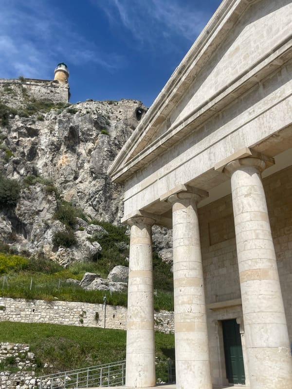 Tourist documents Old Fortress architecture in Corfu, Greece