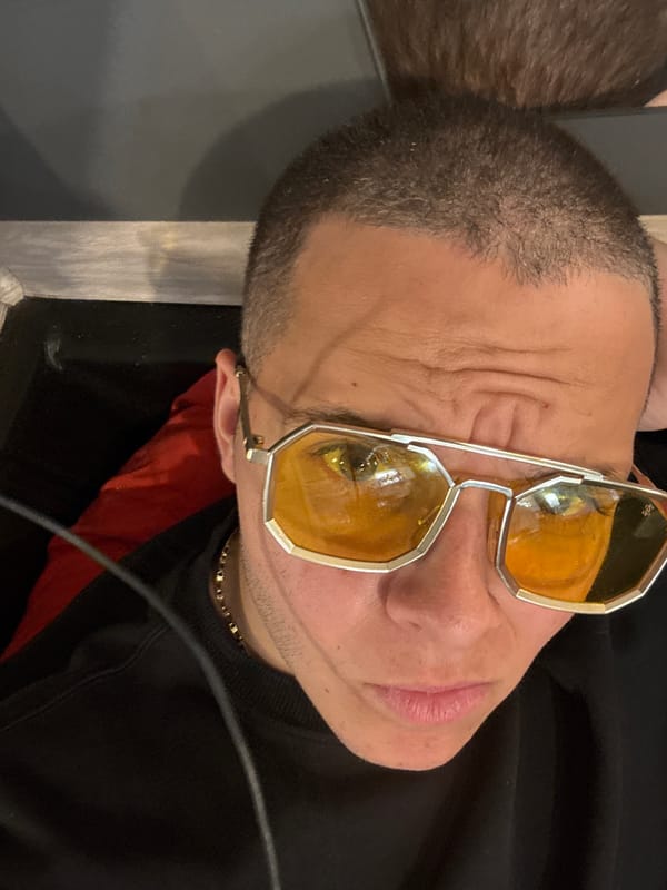 Close-up study of yellow-lens sunglasses, multiple angles