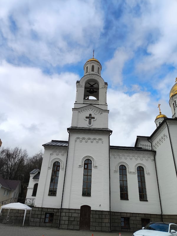 Spring walk documented in Khimki featuring churches, dog, playground