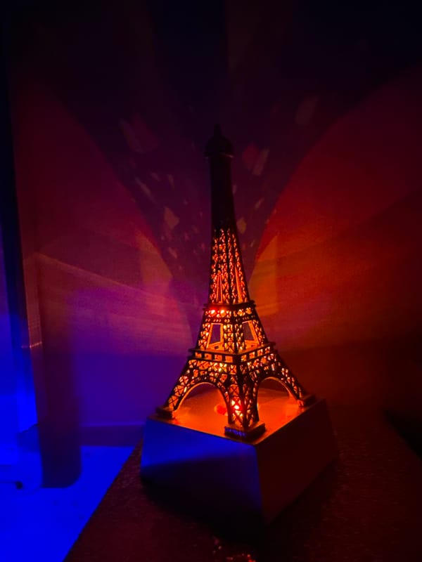 Eiffel Tower replica and spooky decor in Opoczno at night