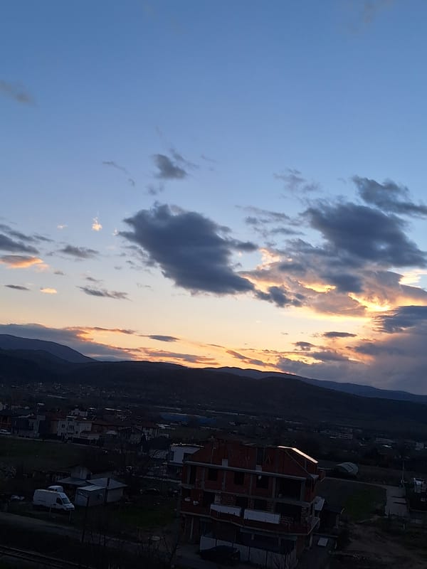 Evening skyline documented from rooftop in Blagoevgrad, Bulgaria