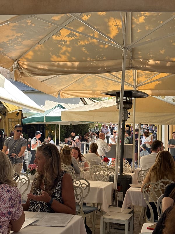 Midday scenes captured at Athens restaurant and pedestrian street