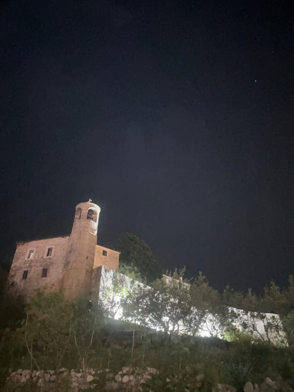 Nighttime scenes captured at Montenegro monastery and nearby streets