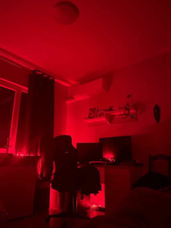 Red light fills interior space in Plovdiv, Bulgaria
