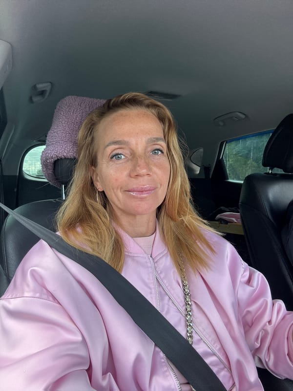 In-car snapshots near Kissolovo, pink satin jacket and silver bag