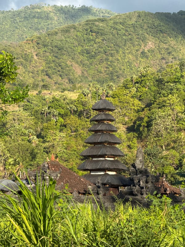 Balinese temple complex in Abang with Mount Agung backdrop