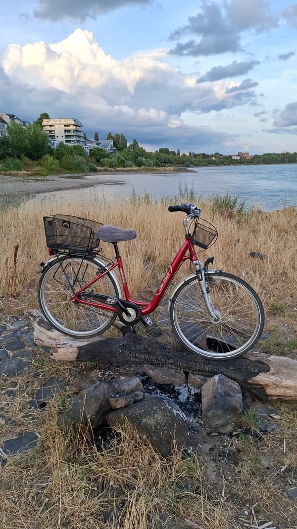Evening stop along the Rhine, red bike and firepit on the bank