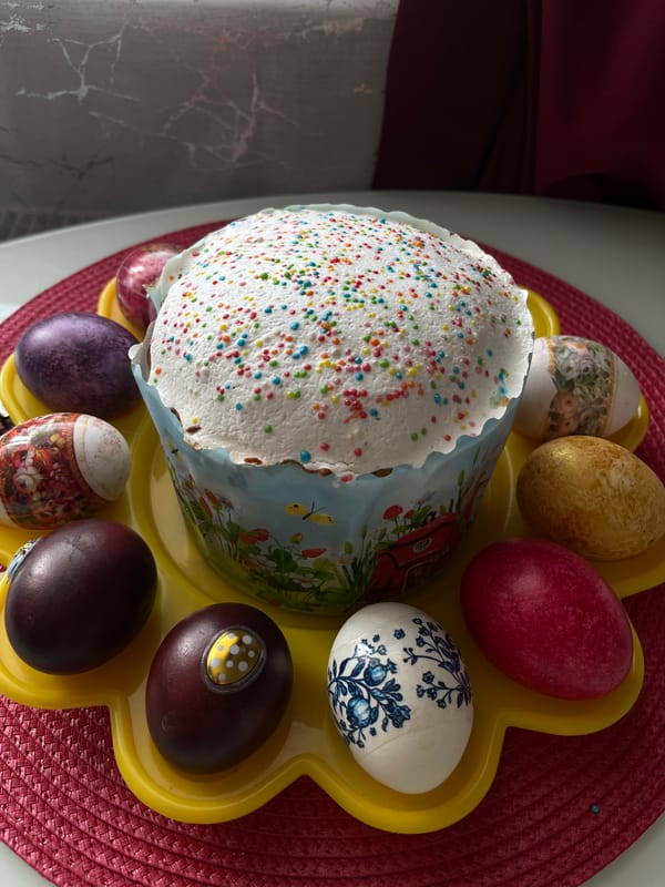 Easter cakes and decorated eggs displayed in Shushary, Russia