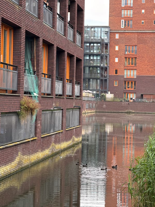Modern Amsterdam neighborhood: canals, bikes, and bold brick architecture
