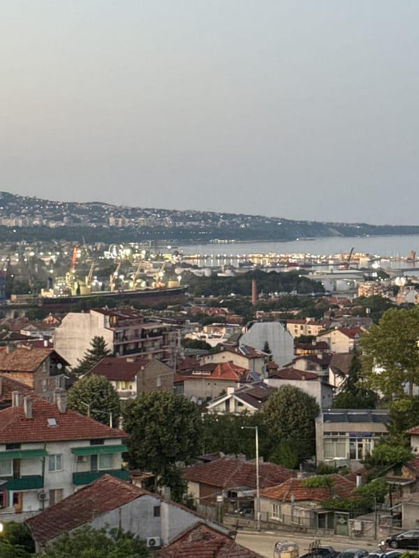 Balcony views of a coastal city at dusk, with scattered odds and ends