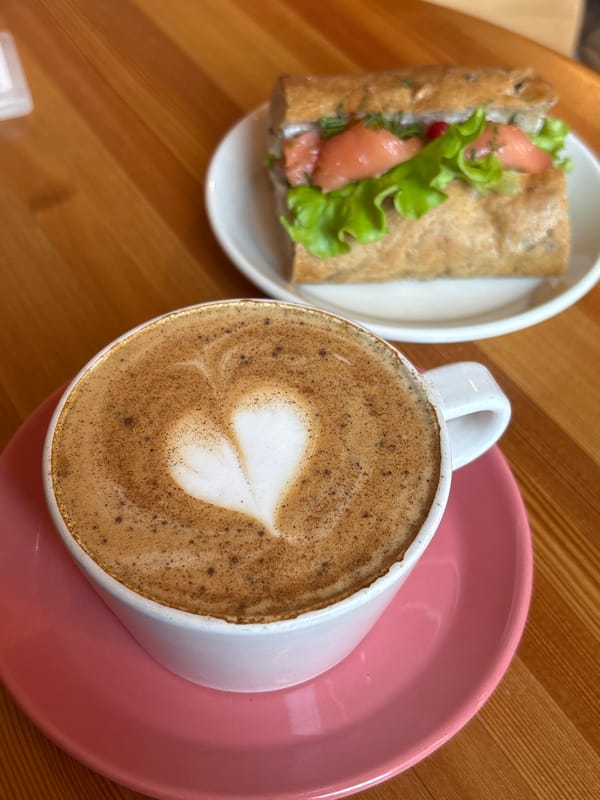 Salmon sandwich and coffee documented in northwestern Russia