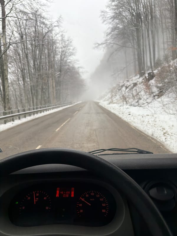 Morning drive through foggy, snowy conditions in Bulgaria
