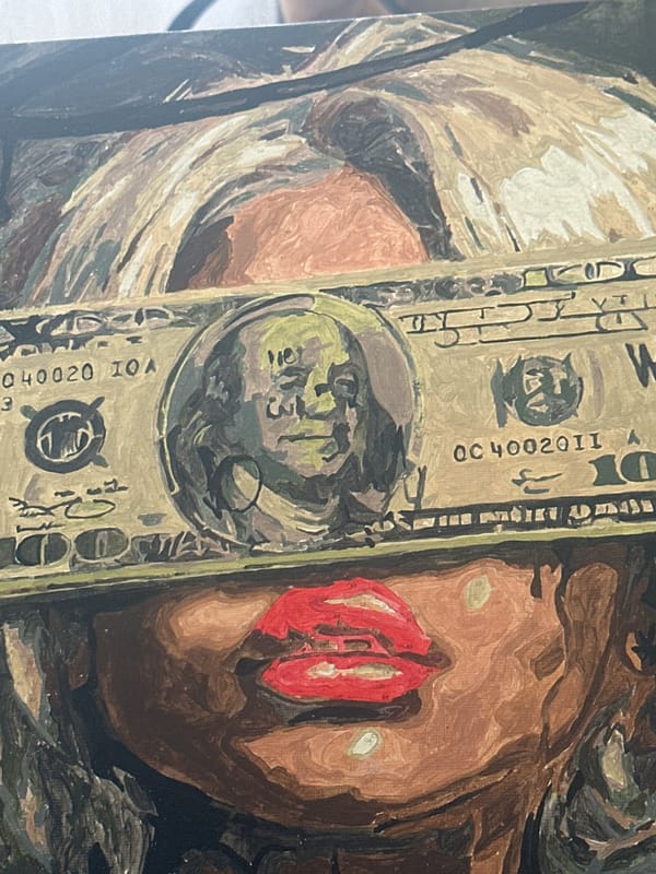 Oil painting shows woman blindfolded with hundred-dollar bill in Russia