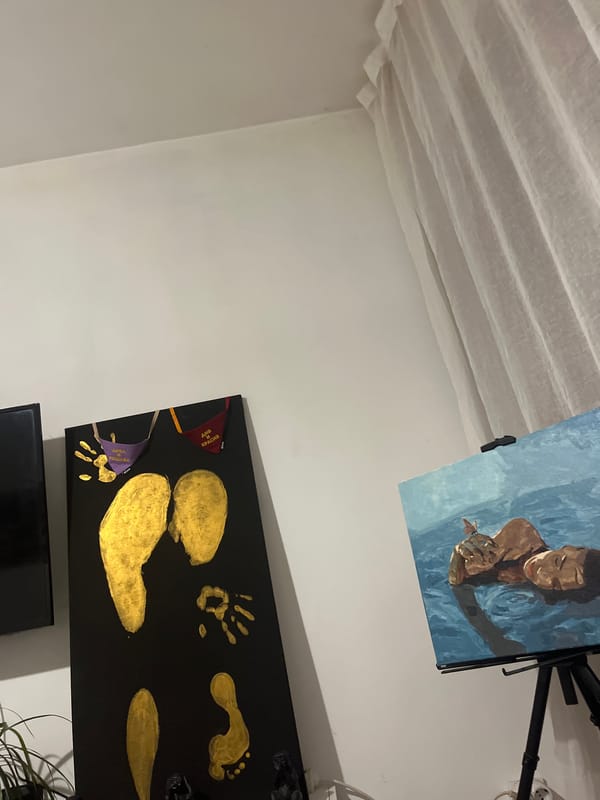 Art installation featuring swimming painting documented in Bulgarian interior