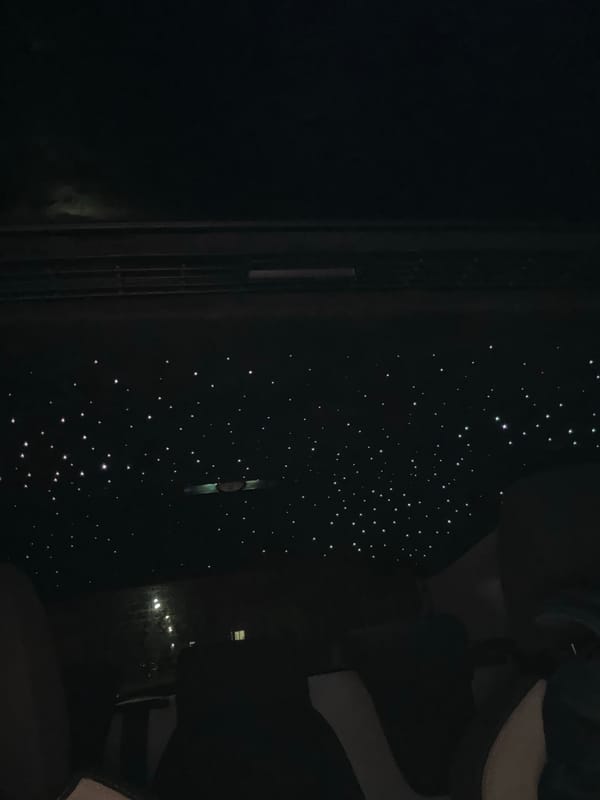 Nighttime moments captured in Berkovitsa: car interior, orange cat, starlit ceiling